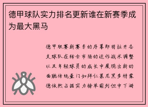 德甲球队实力排名更新谁在新赛季成为最大黑马