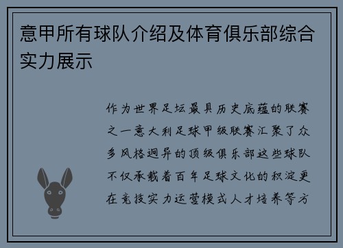 意甲所有球队介绍及体育俱乐部综合实力展示